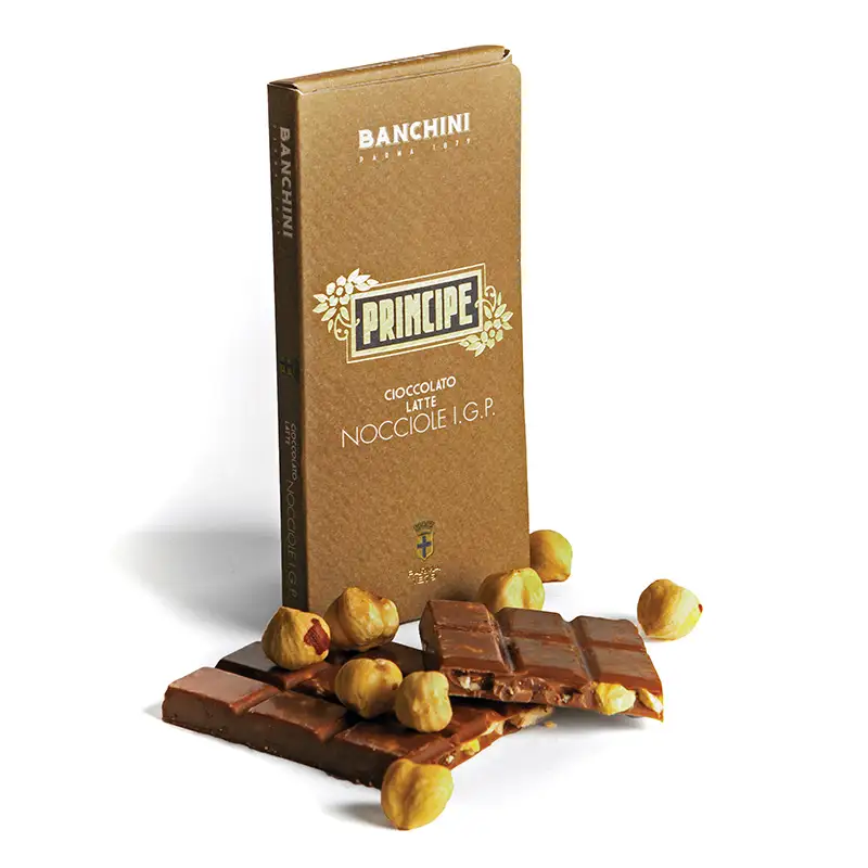 Tavoletta di cioccolato Principe Latte 40% con Nocciole Tonda Gentile Trilobata di Banchini