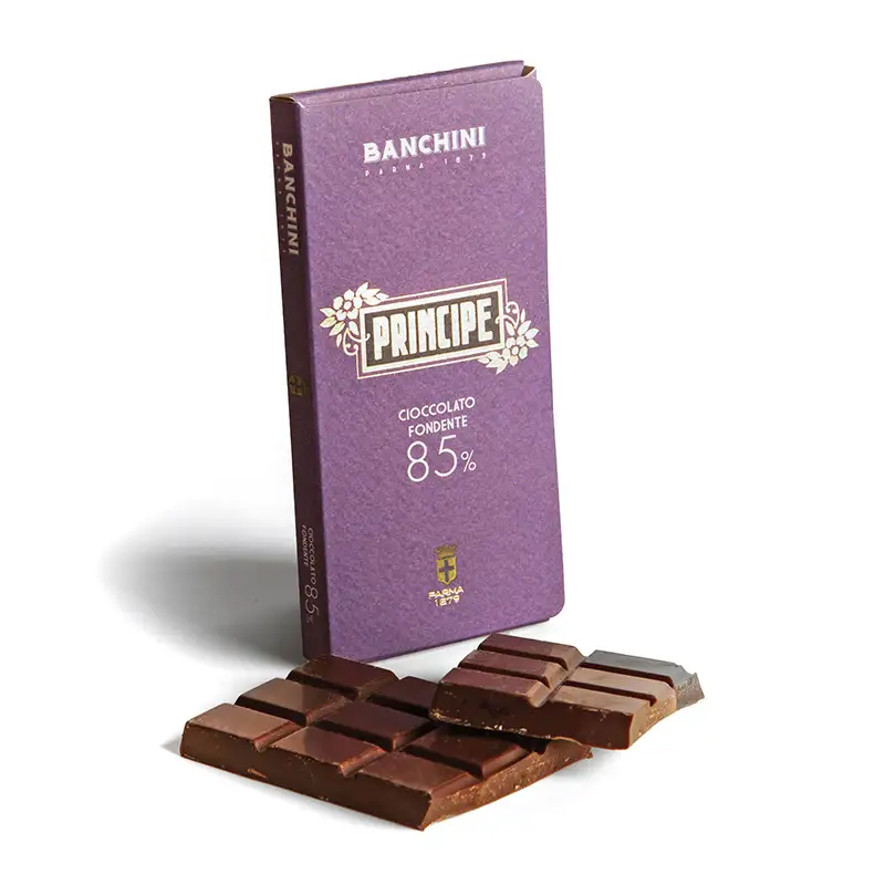 Tavoletta di cioccolato Principe Fondente 85% di Banchini con incarto viola